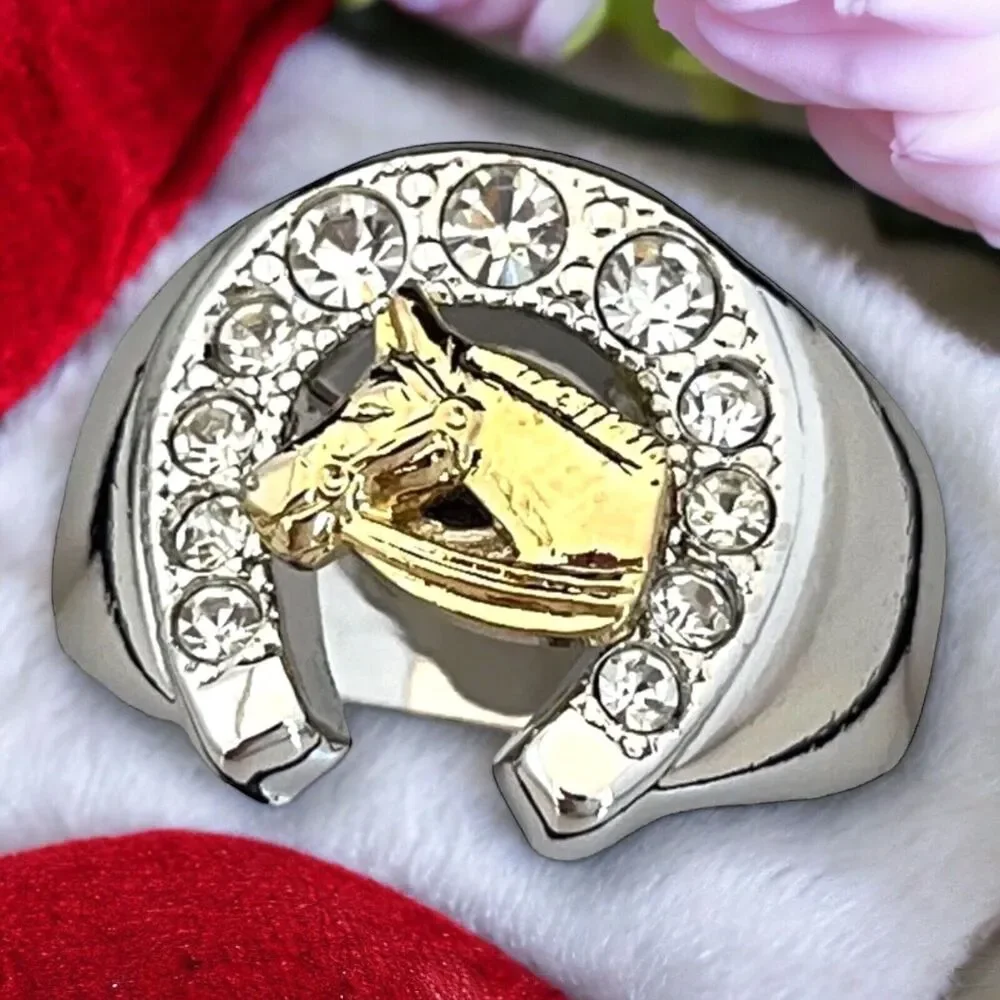 Vintage 1980s Ring Size 9 Horseshoe Horse CZ Two Tone Gold Plated - 14P